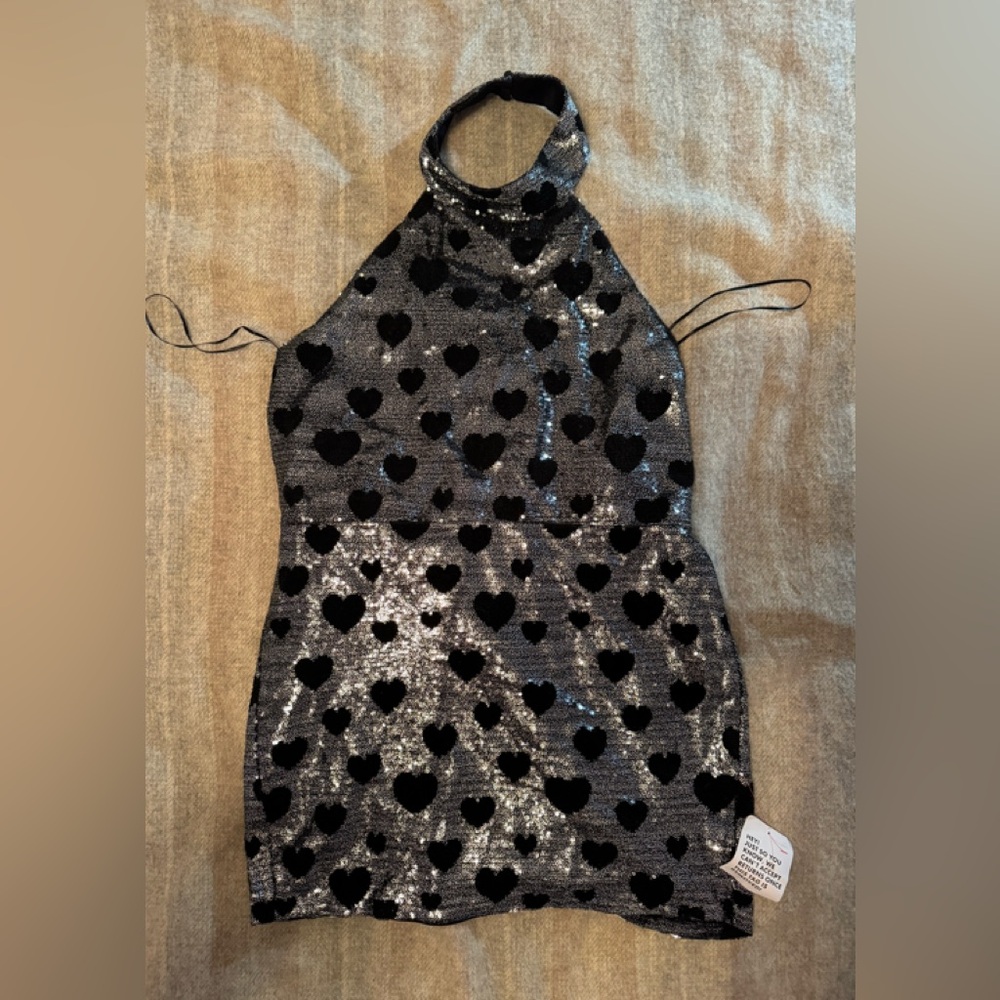 Miss Selfridge Black Heart Sequined Mini Halter Dress or Long Top, Sz. 14